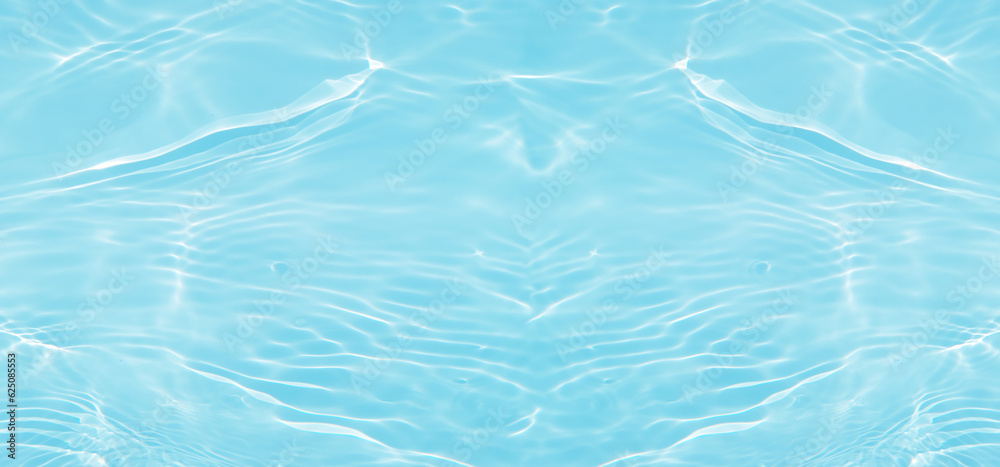 Obraz premium Blue water with ripples on the surface. Defocus blurred transparent blue colored clear calm water surface texture with splashes and bubbles. Water waves with shining pattern texture background.