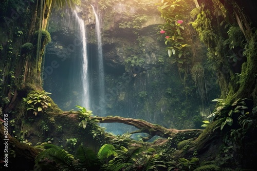 Jungle Oasis  Majestic Waterfall  Cascading Waters  Lush Greenery  Exotic Wildlife  generative AI