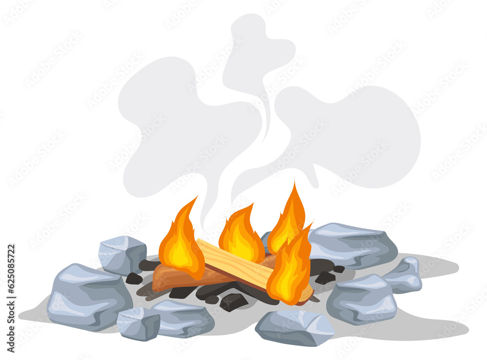 Campfire burning out. Cartoon smoking fire flame Campfire burning out. Cartoon smoking fire flame