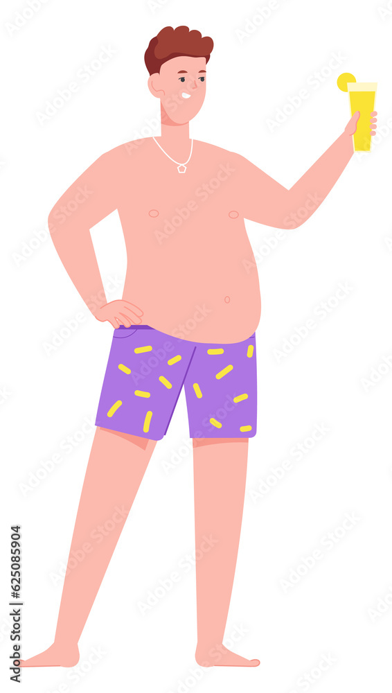Man in swimming shorts hold cocktail glass. Summer party drink