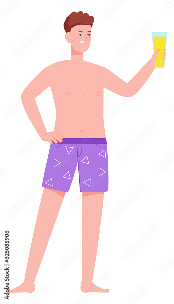 Young man hold lemonade glass. Happy beach person Young man hold lemonade glass. Happy beach person