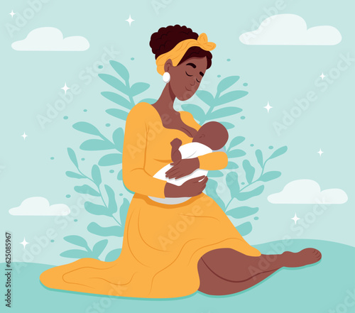 Happy motherhood and childhood concept. Happy loving young african woman mother feeding her baby with breast milk. World Breast feeding Week.