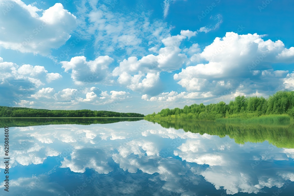 Serene Lake: Tranquil Reflections of Blue Sky and Fluffy Clouds on Calm Green Background, generative AI Serene Lake: Tranquil Reflections of Blue Sky and Fluffy Clouds on Calm Green Background, generative AI