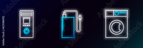 Set line Washer, Remote control and Power bank with different charge cable icon. Glowing neon. Vector