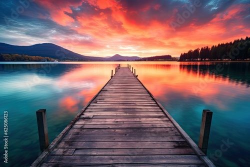 Colorful Sunset Serenity: A Calm Water Surface and Wooden Dock on a Lakeside Pier, generative AI