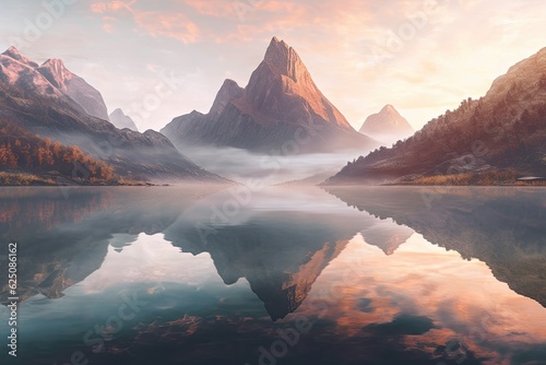 Tranquil Mountain Lake: Majestic Peaks and Peaceful Rowboat in Clear Blue Waters, generative AI