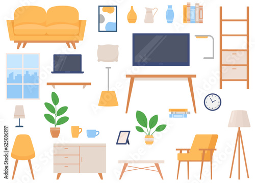 Set of furniture and interior items. Living room. Flowers, sofa, armchairs, tables, chest of drawer, tv. Vector graphic on a white background.