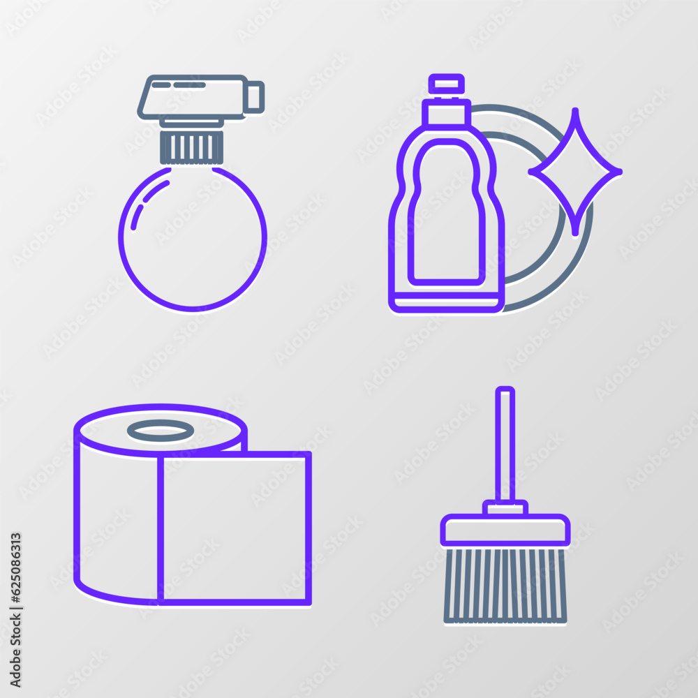 Set line Handle broom, Toilet paper roll, Plastic bottles for liquid dishwashing liquid and icon. Vector Set line Handle broom, Toilet paper roll, Plastic bottles for liquid dishwashing liquid and icon. Vector