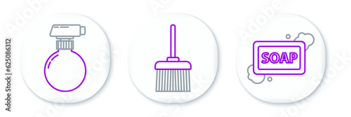 Set line Bar of soap with foam, and Handle broom icon. Vector