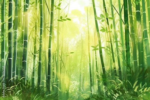 Tranquil Bamboo Forest Background  Tall Bamboo Shoots  Soft Sunlight  Serene Atmosphere  generative AI
