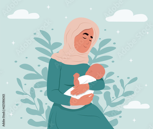 Illustration of breastfeeding, a muslim mother breastfeeds a child.World Breastfeeding Week. August 1-7. Illustrations in cartoon style.