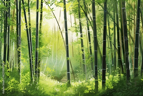 Tranquil Bamboo Forest: Tall Shoots, Soft Sunlight, and Serene Atmosphere, generative AI