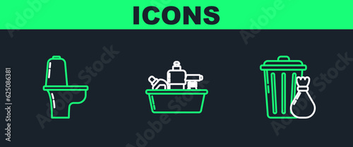 Set line Trash can and garbage bag, Toilet bowl and Plastic bottles for liquid dishwashing liquid icon. Vector