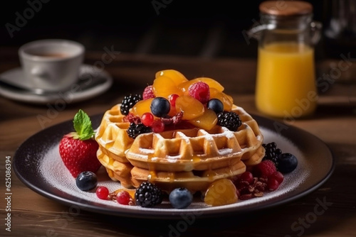 Fresh waffles with berries, fruits and cream. Tasty breakfast. Generative AI.