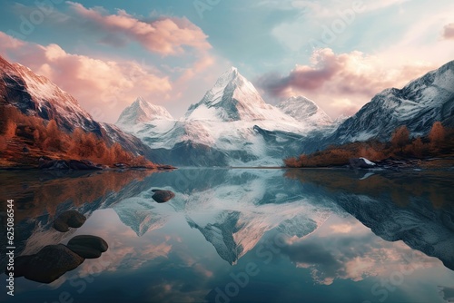 Snow-Capped Peaks and Serene Alpine Lake: A Tranquil Mountain Landscape Background, generative AI