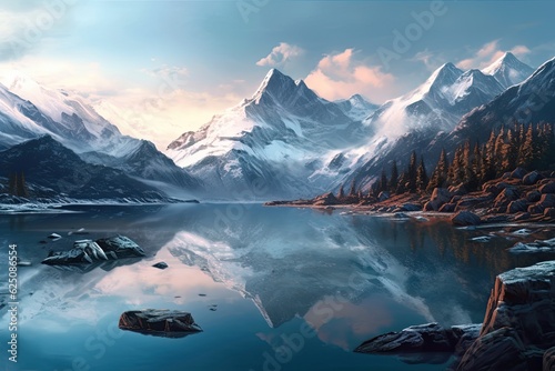 Snow-capped peaks and serene alpine lake: A tranquil mountain landscape background, generative AI