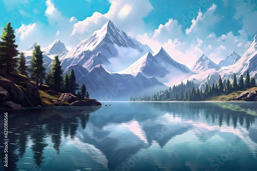 Snow-Capped Peaks and Serene Alpine Lake: Tranquil Mountain Landscape Background, generative AI