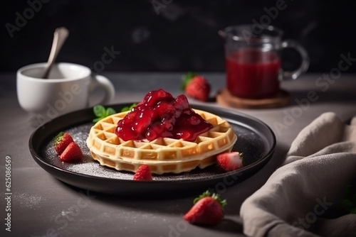 Fresh waffles with berries  fruits and cream. Tasty breakfast. Generative AI.