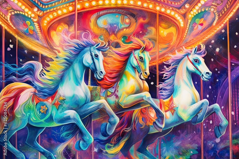 Colorful Carousel Horses and Festive Lights: The Vibrant Delight of a Joyful Carnival Background, generative AI