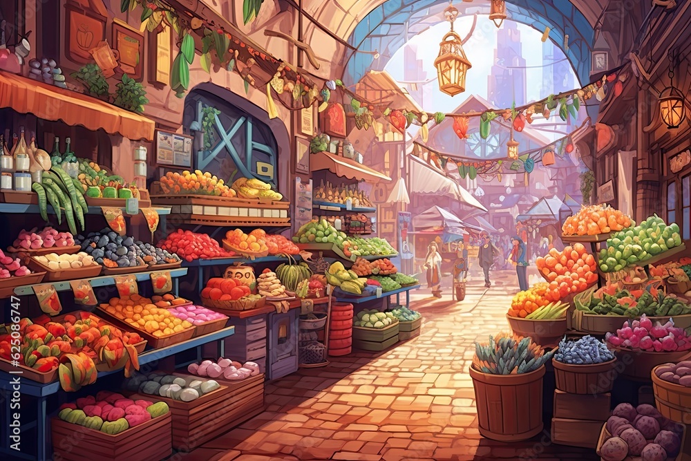 Vibrant City Market: Bustling Stalls, Colorful Produce, and Aroma of Spices, generative AI