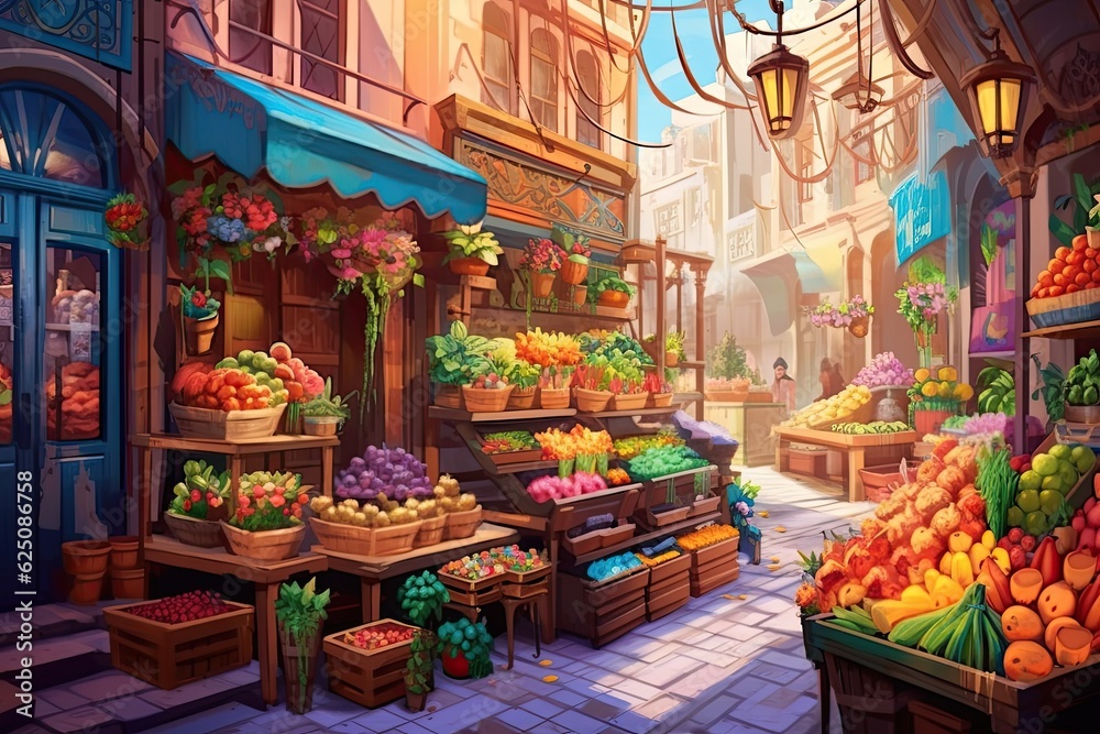 Vibrant City Market: Bustling Stalls, Colorful Produce, and Aromas of Spices, generative AI