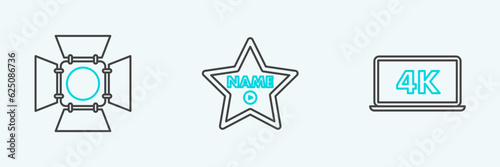 Set line Laptop screen with 4k video technology, Movie spotlight and Hollywood walk of fame star on celebrity boulevard icon. Vector