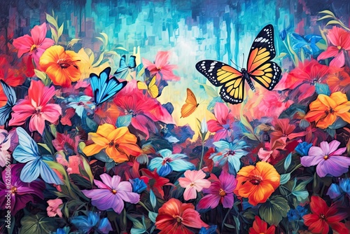 Colorful Butterflies & Blooming Flowers: Vibrant Rainbow Background, generative AI © Michael