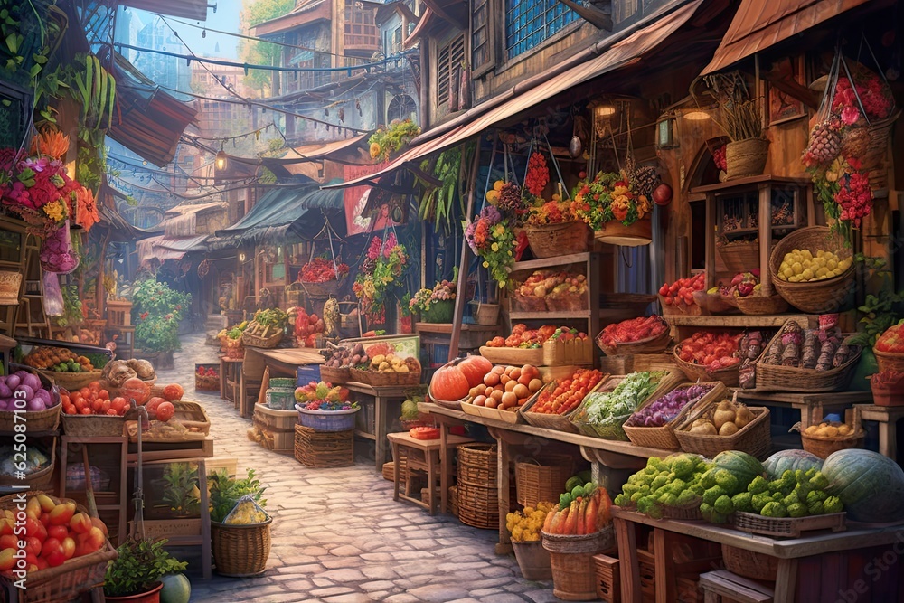 Colorful Produce, Aromatic Spices, and Bustling Activity: Exploring a Vibrant Street Market, generative AI