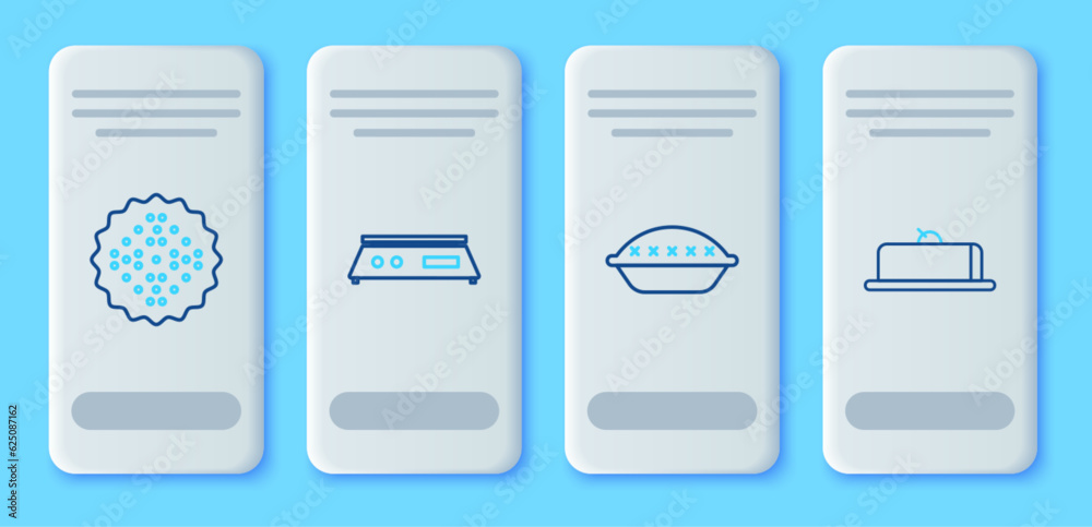 Set line Electronic scales, Homemade pie, Cracker biscuit and Strawberry cheesecake slice icon. Vector Set line Electronic scales, Homemade pie, Cracker biscuit and Strawberry cheesecake slice icon. Vector