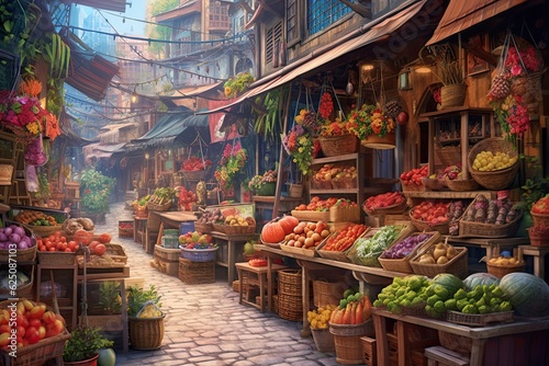 Colorful Produce, Aromatic Spices, and Bustling Activity: Exploring a Vibrant Street Market, generative AI