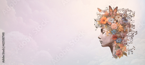 Woman with music notes and flowers, human brain, self care and mental health concept, sound therapy, creative mind, generative AI 