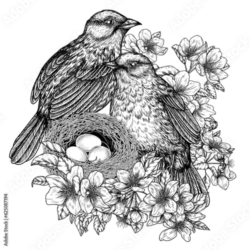 Vector illustration of two nightingales at the nest on a branch of a flowering apple tree in the style of engraving photo