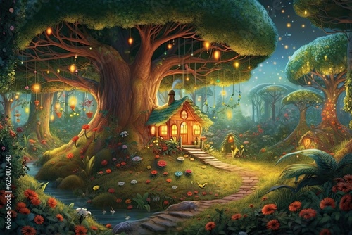 Enchanting Fairytale Forest: Talking Animals, Twinkling Fireflies, and a Hidden Cottage, generative AI