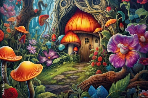 Colorful Mushroom Whimsy: Playful Fairies and a Hidden Door in a Whimsical Garden Background, generative AI