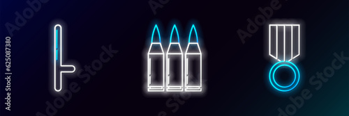 Set line Military reward medal, Police rubber baton and Bullet icon. Glowing neon. Vector