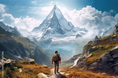 Majestic Mountain Range: A Journey of Adventure and Nature's Majesty Unveiled by an Adventurous Hiker, generative AI