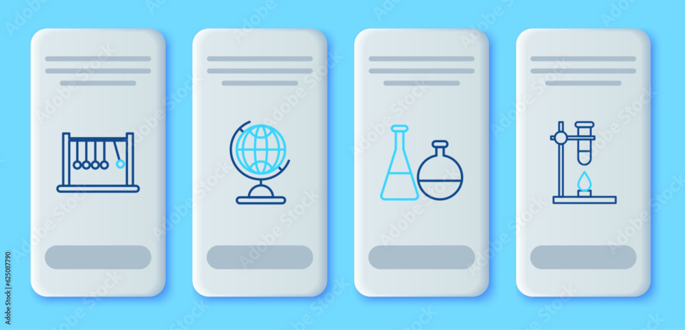 Set line Earth globe, Test tube and flask chemical laboratory, Pendulum and Glass test on fire heater icon. Vector