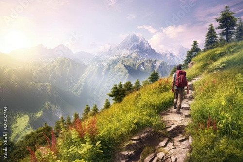 Majestic Mountain Trail: Unveiling Nature's Beauty with an Adventurous Hiker, generative AI © Michael
