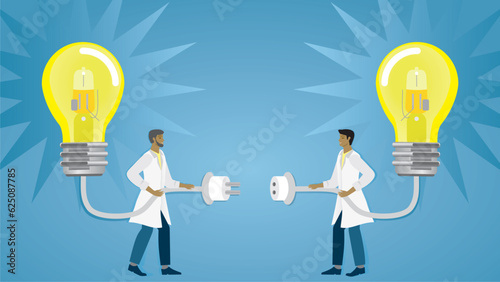 Banner, connecting ideas, research and development. Two men connecting their lightbulbs with shiny ideas. Teamwork, cooperation, supvision. Vector illustration. Dimension 16:9. 