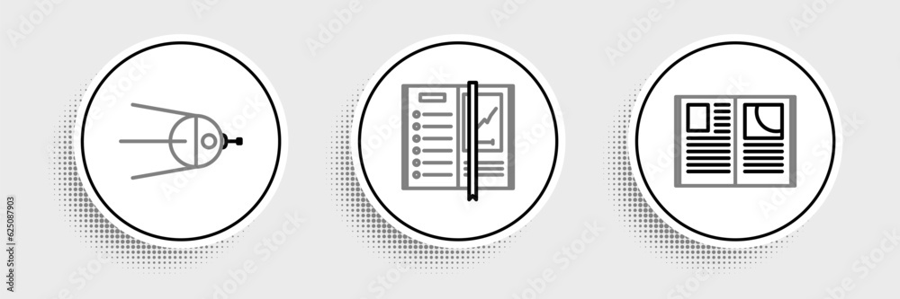 Set line Open book, Satellite and Notebook icon. Vector Set line Open book, Satellite and Notebook icon. Vector