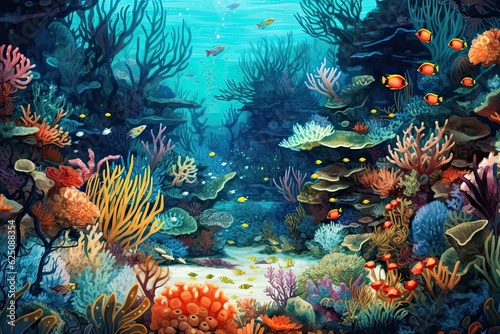 Vibrant Colors and Diverse Marine Life Abound in an Underwater Coral Reef Background with Swaying Sea Anemones, generative AI © Michael