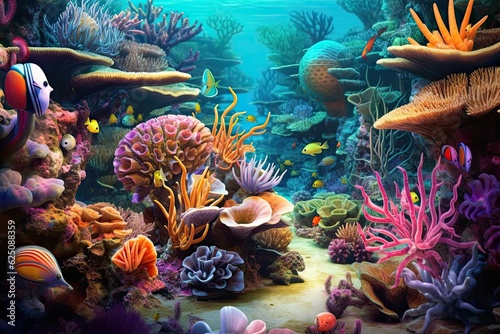 Vibrant Colors and Diverse Marine Life: Exploring an Underwater Coral Reef with Swaying Sea Anemones, generative AI