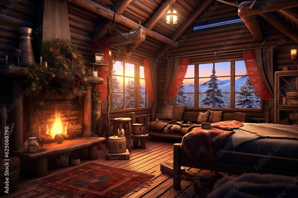 Cozy Cabin Retreat: Warmth and Relaxation with Crackling Fireplace and Cozy Blankets, generative AI