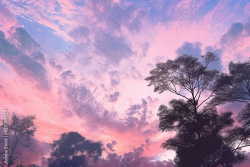 Dreamy Twilight: Whimsical Silhouettes and Soft Pastel Clouds at Dusk, generative AI