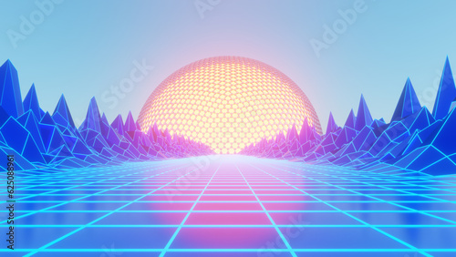 Retro sci-fi wireframe landscape. 3D rendering.