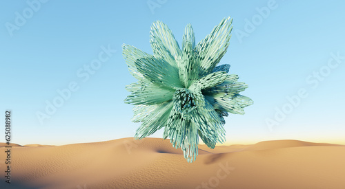 Surreal desert landscape with abstract geometric form. 3D rendering.