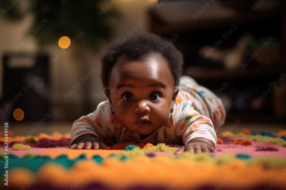 An African American infant crawling for the first time, exploring surroundings with curiosity. The background is a colorful play area. Developmental Milestones. Generative AI - obrazy, fototapety, plakaty 