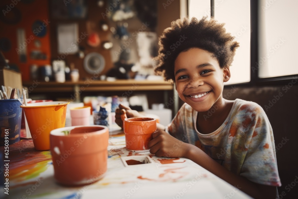 A smiling happy African American child sitting at a desk, focused and diligently painting a ceramic mug for mother. The background showcases an art station. Generative AI A smiling happy African American child sitting at a desk, focused and diligently painting a ceramic mug for mother. The background showcases an art station. Generative AI