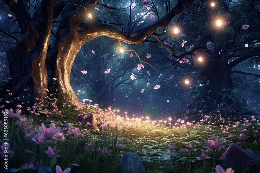 Whispers of Magic: Enchanting Moonlit Garden with Sparkling Fireflies and Delicate Blossoms, generative AI