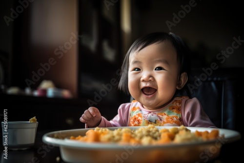 An Asian smiling infant sitting in a high chair, eagerly trying different foods from a plate in a colorful kitchen, explorating of new flavors. Generative AI